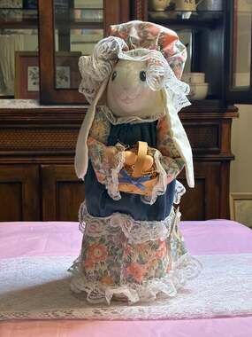 Ozark Mountain Crafts Handmade Stuffed Easter Bunny Doll Floral Dress Lace Bonne